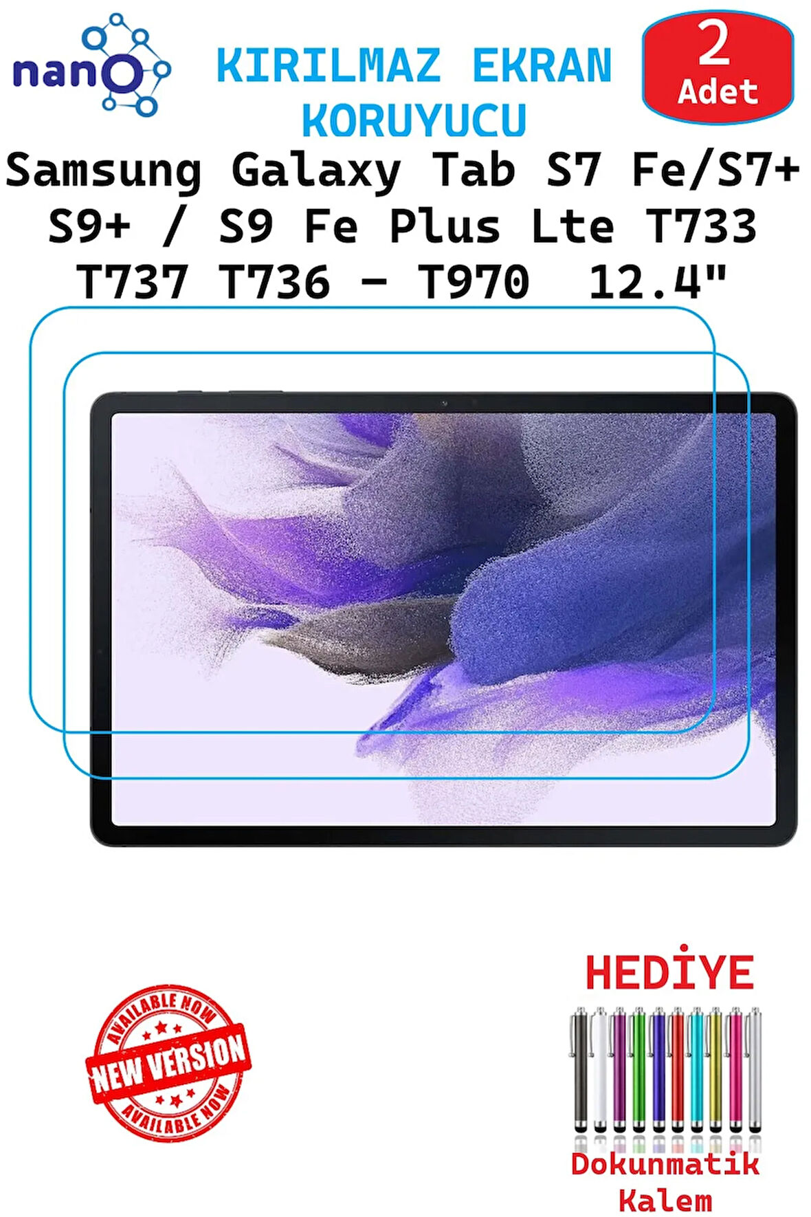 2 ADET Samsung Tab S7 FE S7+ S9 FE Plus 12.4"Tablet Uyumlu Ekran Koruyucu Cam Nano HD Esnek Kırılmaz