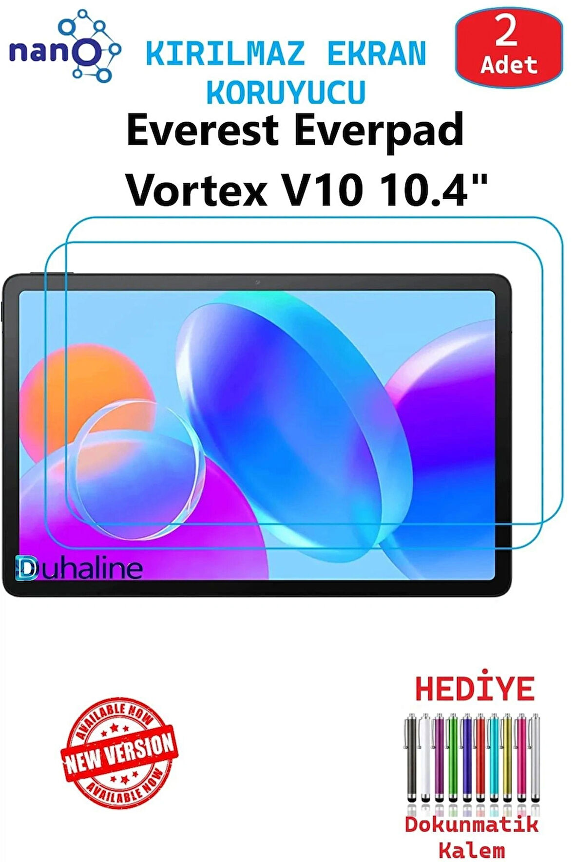 2 ADET Everest Everpad Vortex V10 10.4" Tablet Tam Uyumlu Ekran Koruyucu Cam Nano HD Esnek Kırılmaz