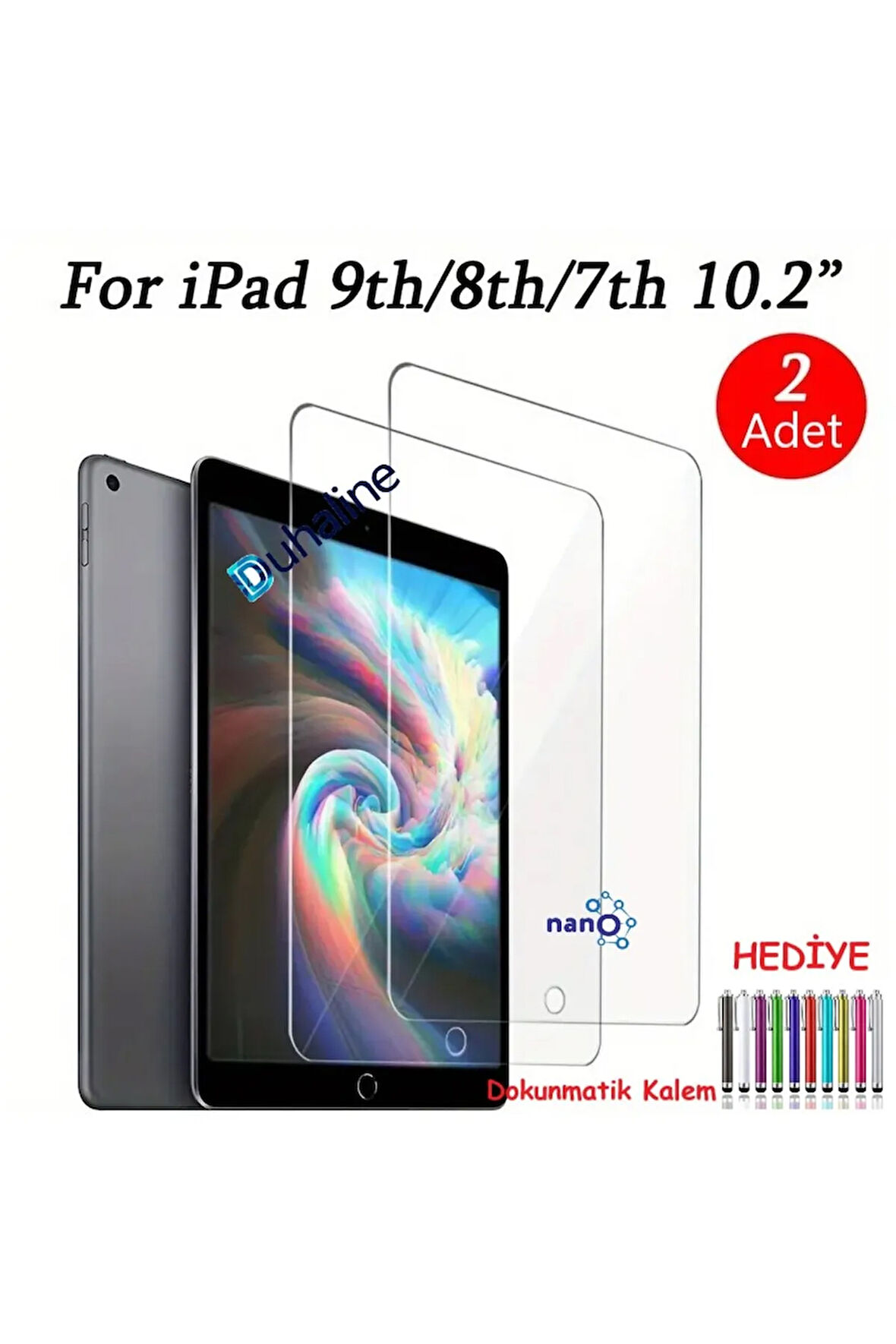 2 ADET iPad 9. ve 8. Nesil 10.2" Tam Uyumlu Ekran Koruyucu Şeffaf Cam Nano HD Esnek Kırılmaz + Kalem