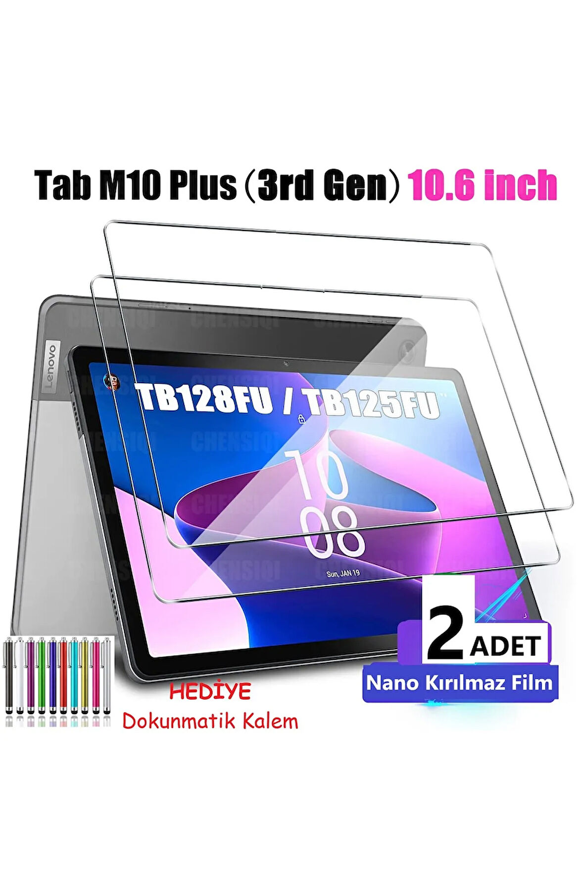 2 ADET Lenovo Tab M10 Plus (3. Gen) TB128FU 10.6" Ekran Koruyucu Şeffaf Cam Nano HD Esnek Kırılmaz