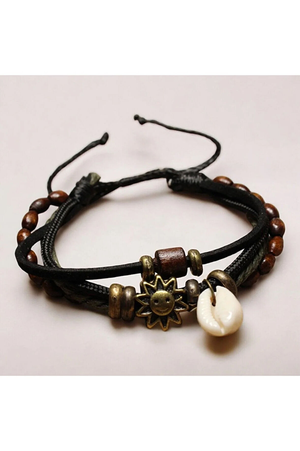 Güneş ve Deniz Kabuğu Figürlü Ahşap ve Metal Boncuklu Deri ve İp 4 Parça Ayarlanabilir Bileklik