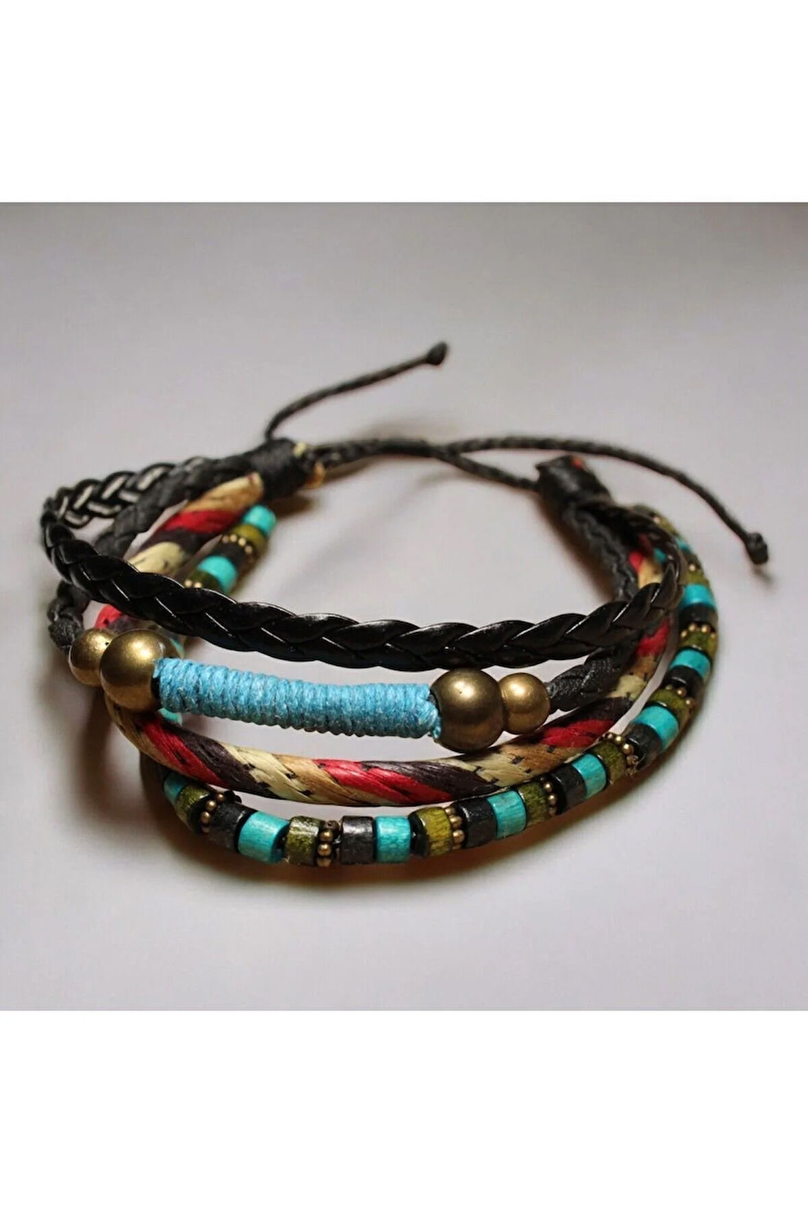 Bahar Temalı Ahşap, Metal Ve Boncuk Işlemeli Deri & Ip Sargılı Ayarlanabilir Bileklik