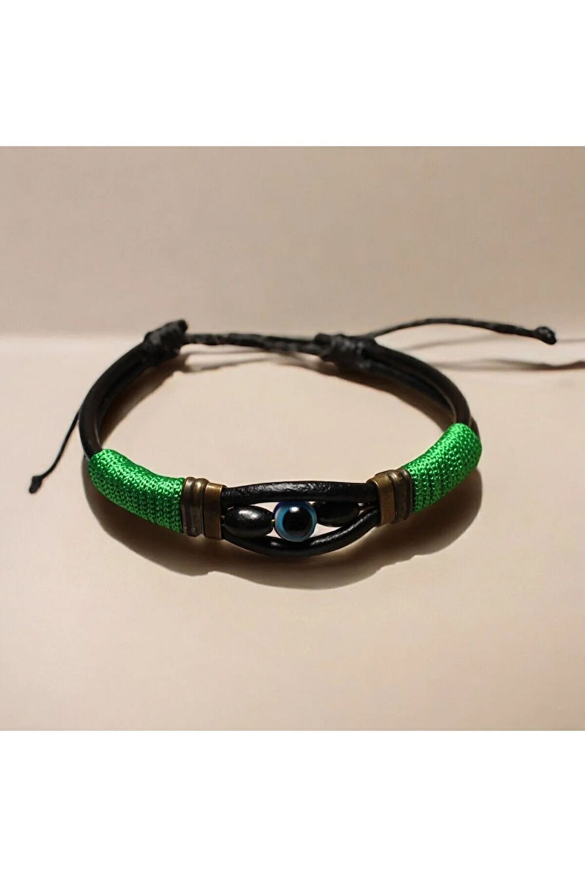 Nazar Boncuklu - Deri - Yeşil Ip Örgülü Bileklik