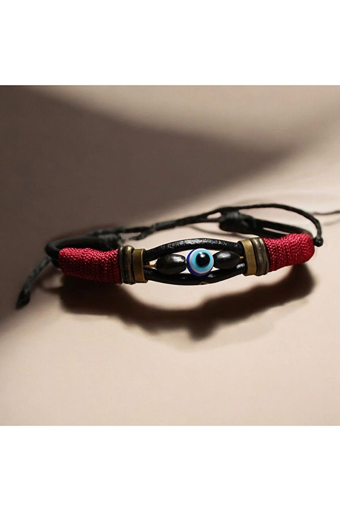 Nazar Boncuklu - Deri - Kırmızı İp Örgülü Bileklik