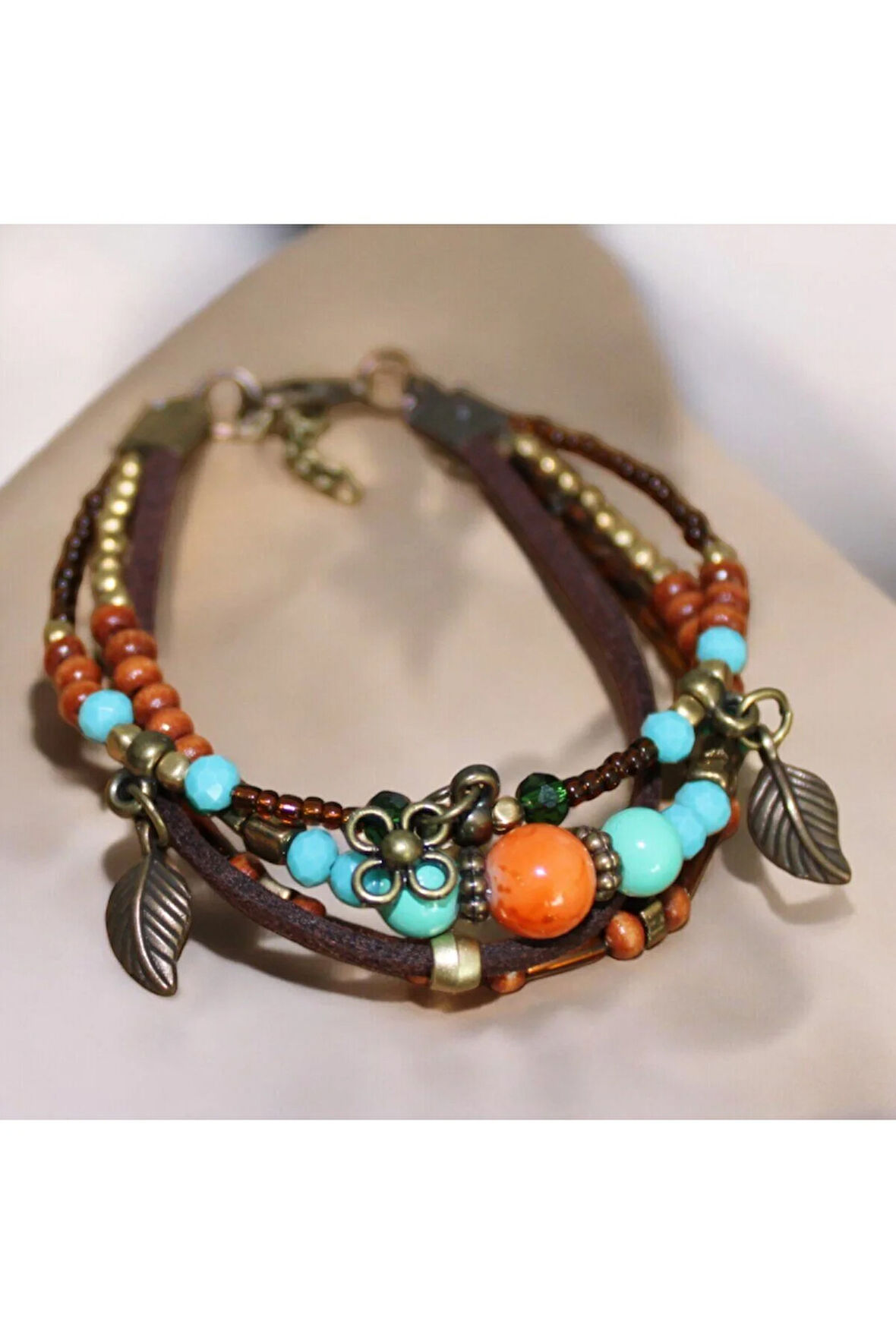 Yaprak - Çiçek Figürlü Bahar Temalı Renkli Boncuklu Ayarlanabilir Bileklik - Baharın Renkleri