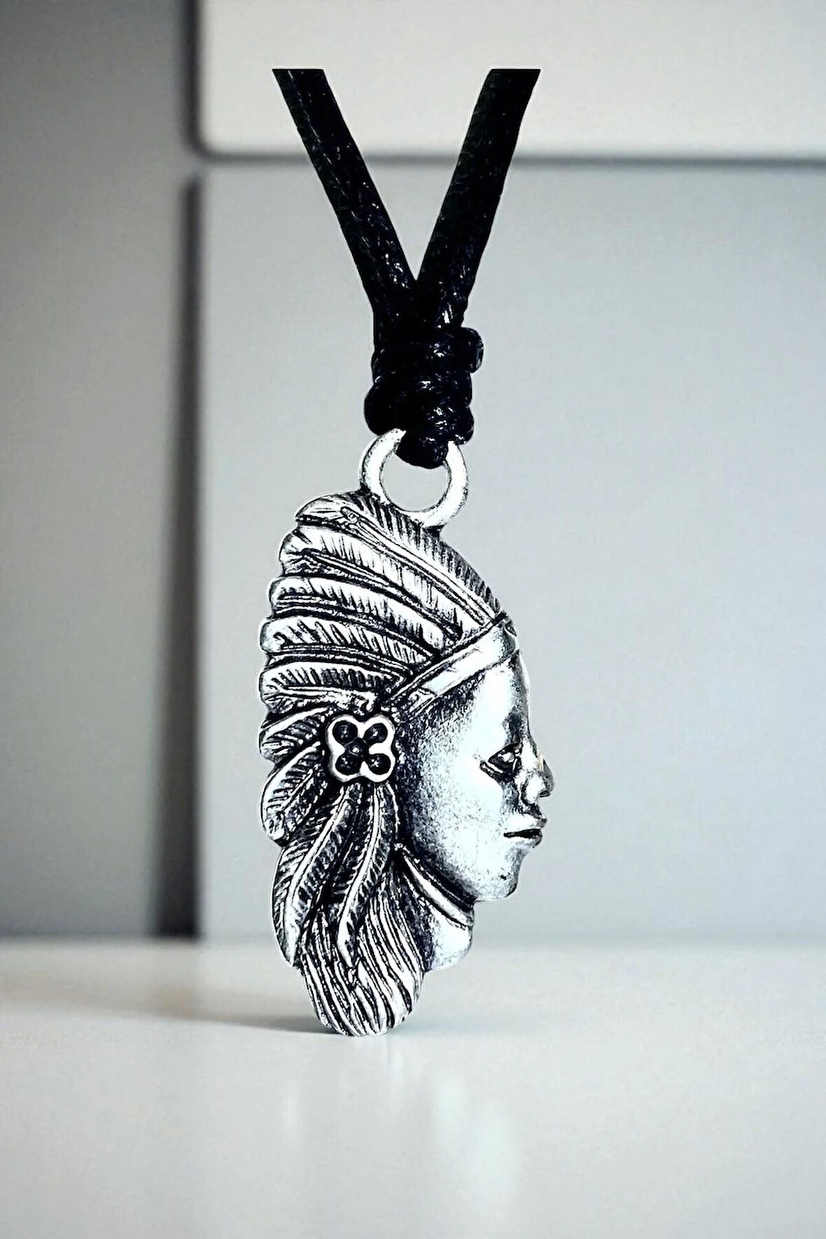 Kızılderili Zamak Motifli Tasarım Ayarlanabilir Pamuk İp Kolye 01