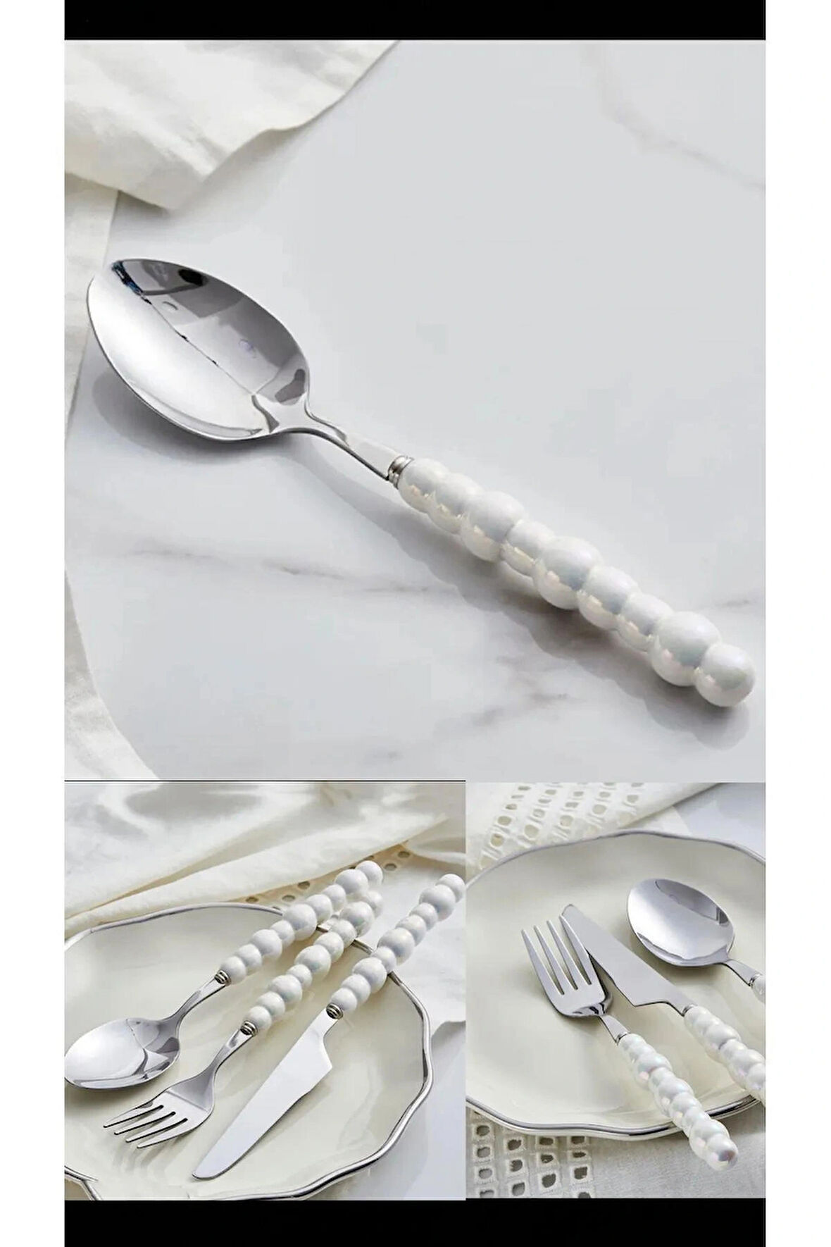 Porselen 6 Adet Beyaz Inci Taş Detaylı Yemek Kaşığı | 6 Parça Lüks Yemek Kaşığı Seti