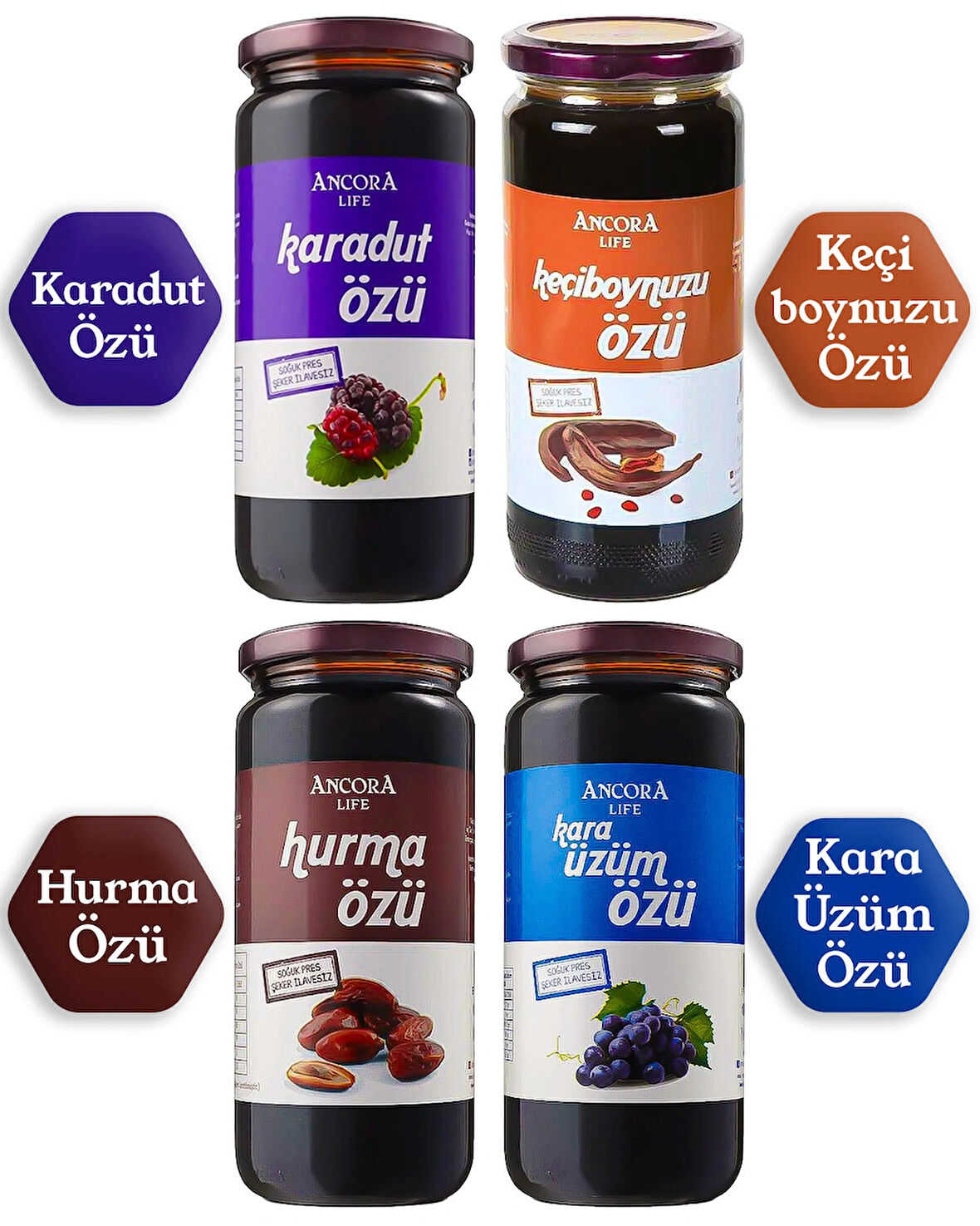 4'lü Ekonomi Paketi-Karadut Özü/Hurma Özü/Kara Üzüm Özü/Keçiboynuzu Özü-Şeker İlavesiz Soğuk Sıkım