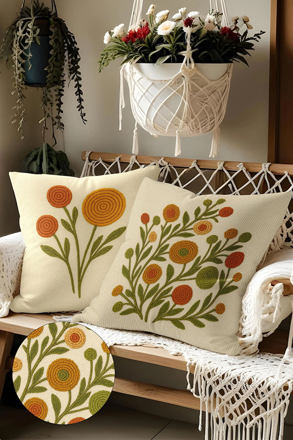 2’li Nakış Desenli, Çift Taraflı Baskı, Dekoratif Kırlent Kılıfı Seti – Bohem Stil, Fermuarlı