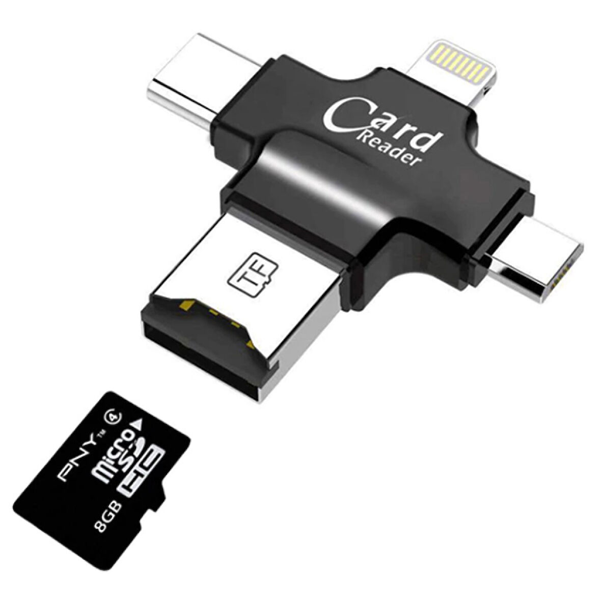 Card Reader 4in1 Type-C- İphone Lightning-Micro Usb Hafıza Kart Okuyucu (Siyah)