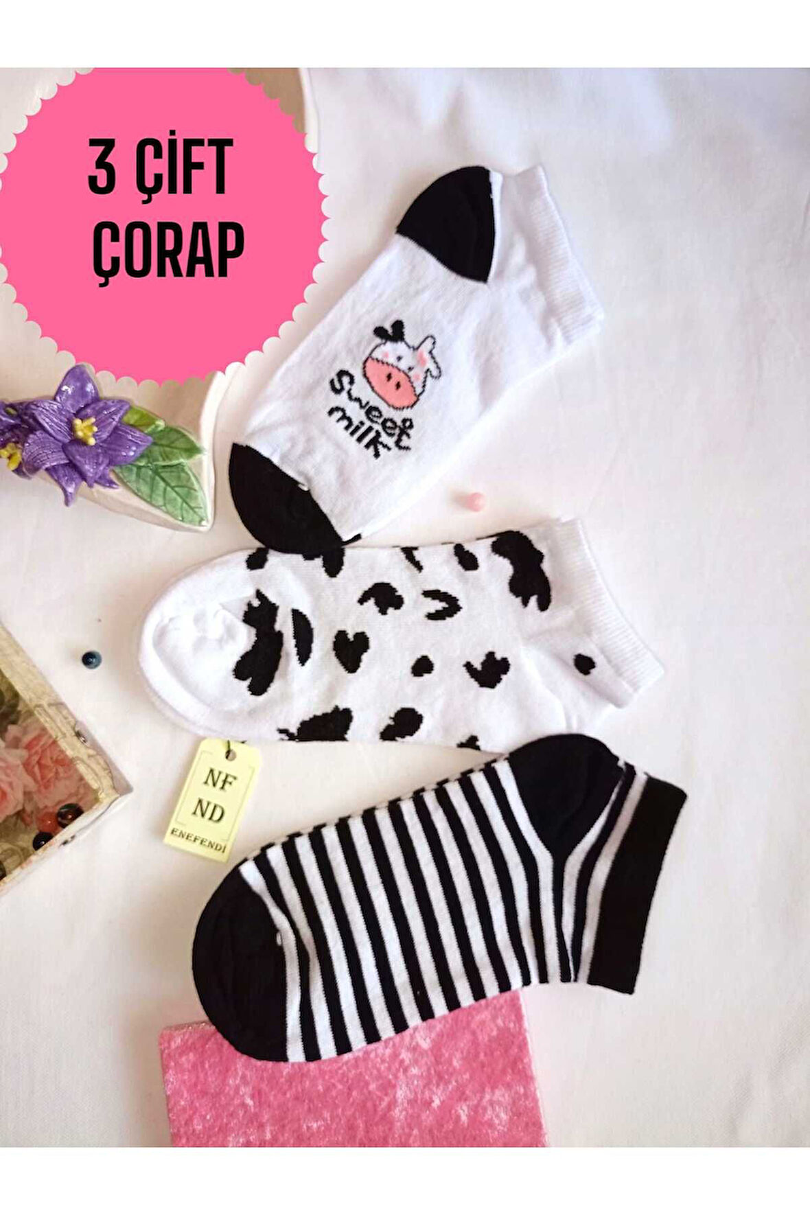 3 ÇİFT PATİK ÇORAP DİKİŞSİZ BURUN KADIN PAMUKLU KISA KONÇ DESENLİ 36-40 SİYAH BEYAZ