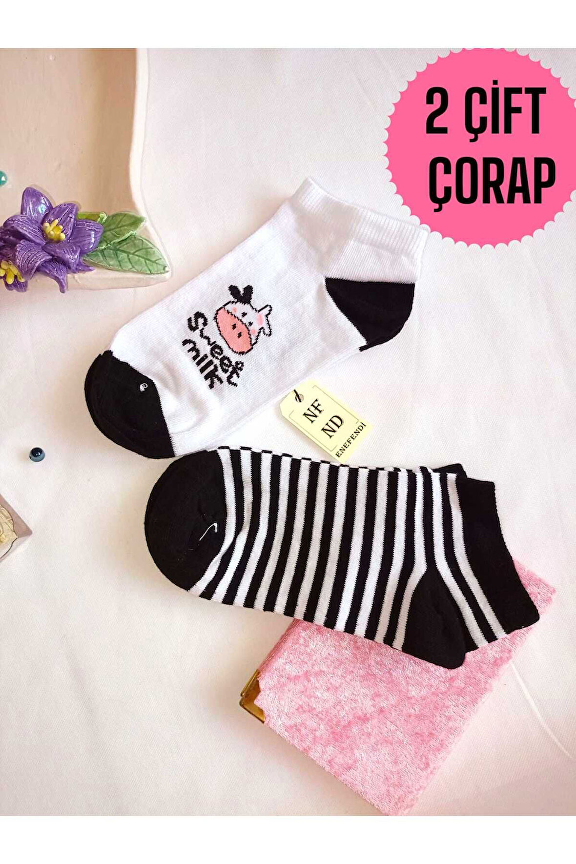 2 ÇİFT DİKİŞSİZ PATİK ÇORAP PAMUKLU KISA KONÇ DESENLİ KADIN ÇORABI 36-40 SİYAH BEYAZ