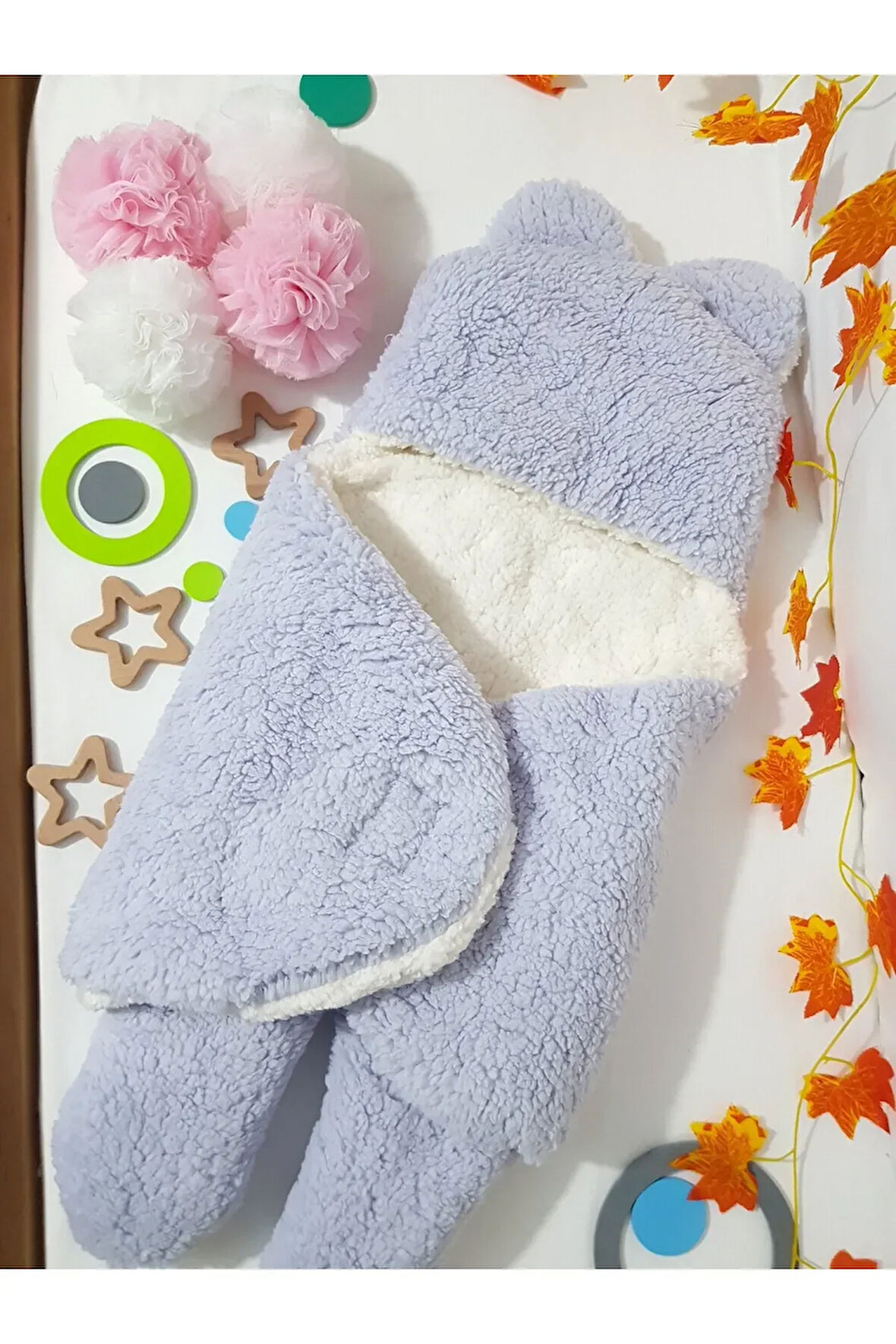 Bebek Dış Kundak Sarma Battaniye Lila - Welsoft Kapüşonlu Çift Katman Ayaklı Model