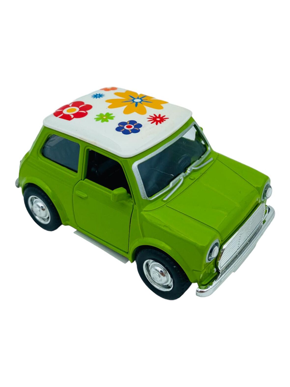 Metal Model Araba Kapıları Açılır Kapanır Çek Bırak Hareket Eden Retro Mini Cooper Çiçek Desenli