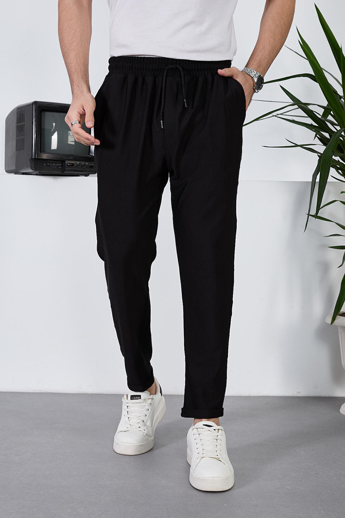 Erkek Duble Paça Jogger Pantolon,Beli Lastikli