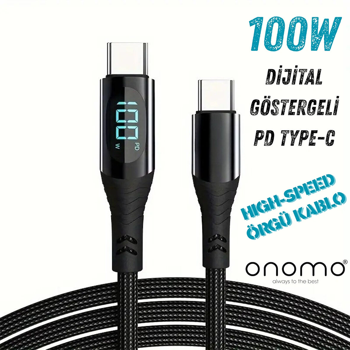 100W Type-C Dijital Göstergeli Şarj ve Veri Kablosu, Örgülü, 1.2 Metre, Siyah