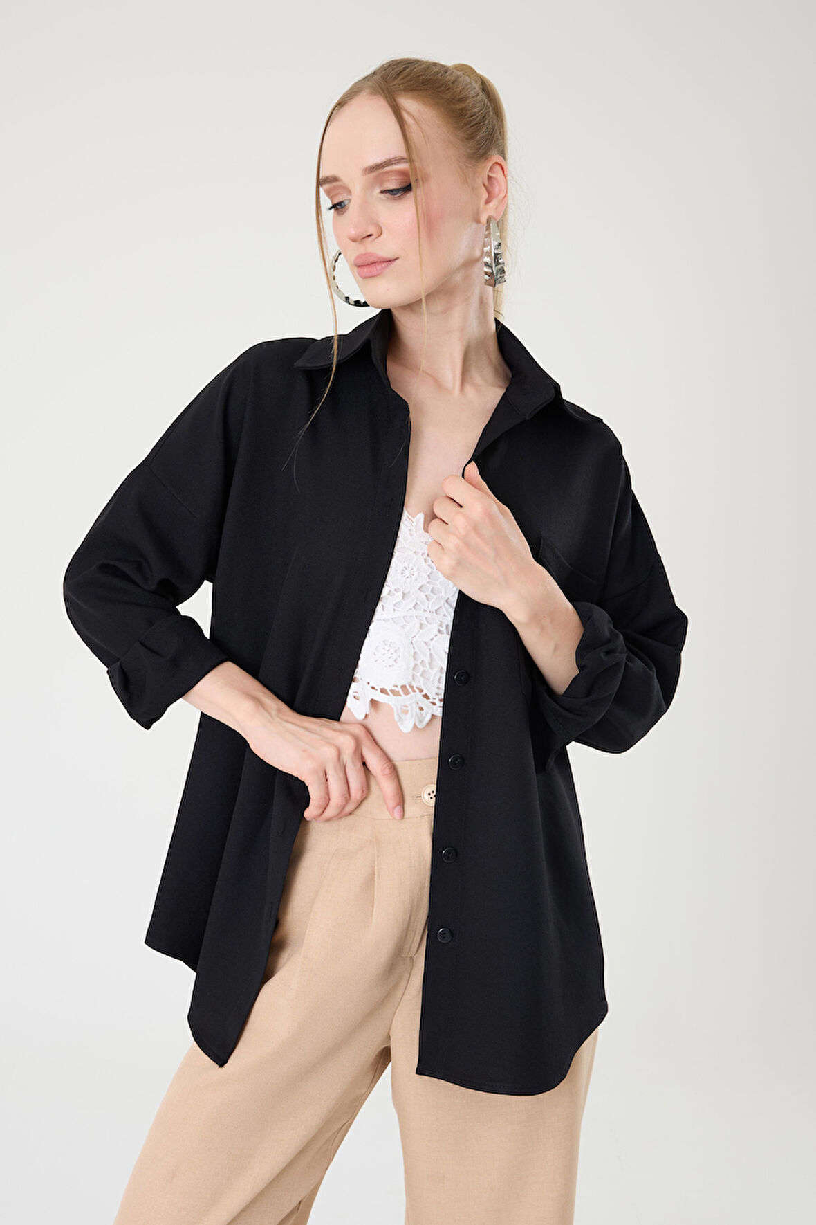 Tek Cepli Oversize Keten Gömlek- Siyah