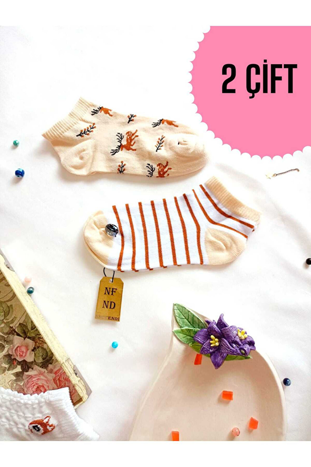 2 ÇİFT DİKİŞSİZ PATİK ÇORAP PAMUKLU KISA KONÇ DESENLİ KADIN ÇORABI 36-40 KAHVE ÇİZGİLİ