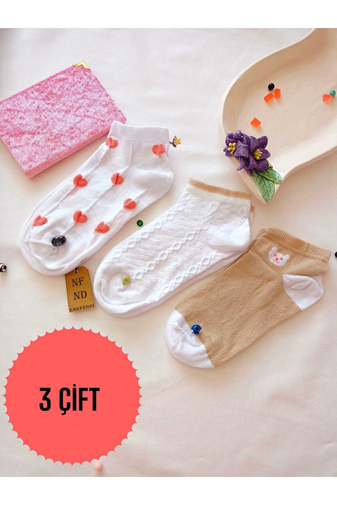 3 ÇİFT KADIN ÇORAP BURUN DİKİŞSİZ YUMUŞAK PAMUKLU KISA KONÇ DESENLİ PATİK ÇORABI 36-40