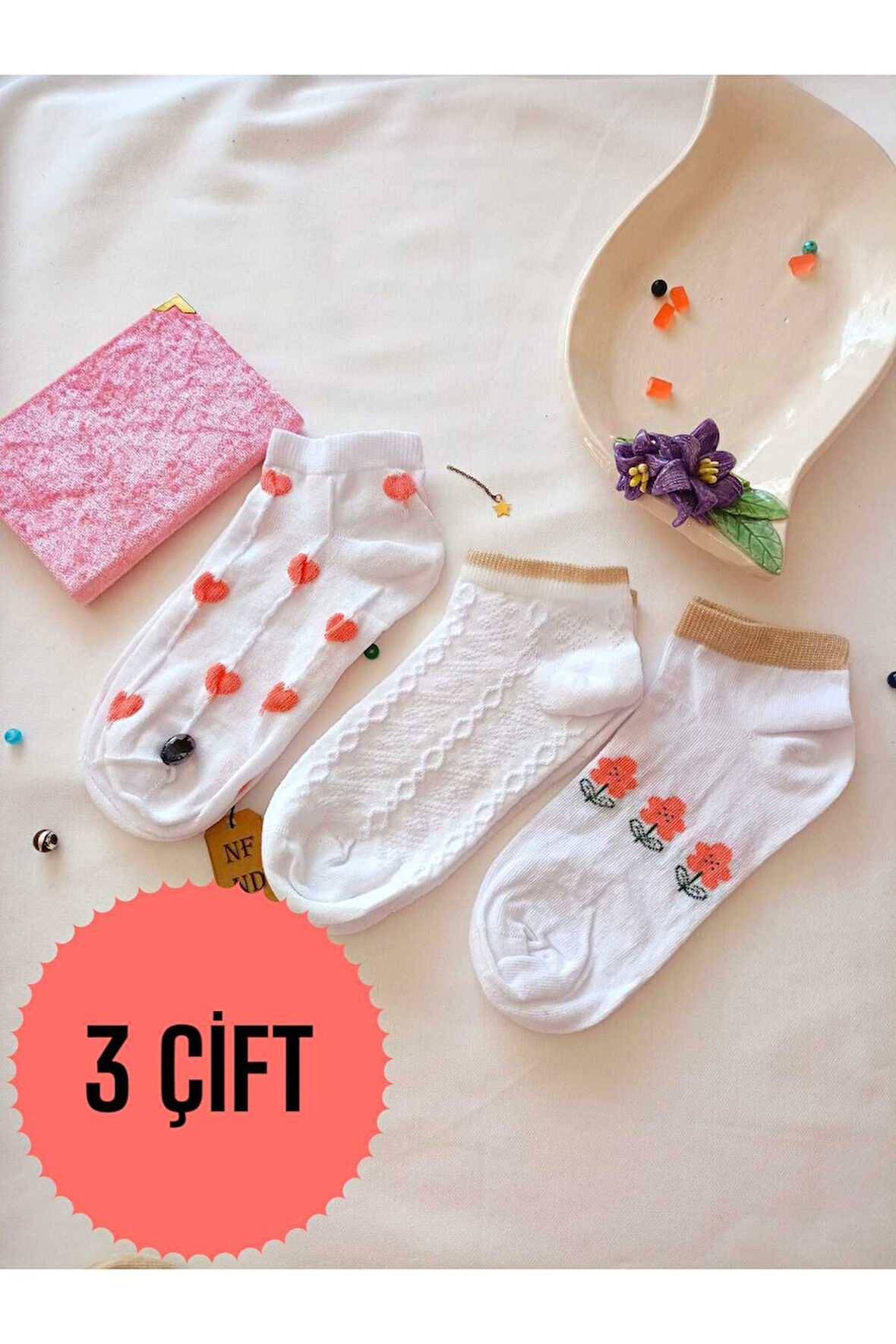 3 ÇİFT BURUN DİKİŞSİZ ÇORAP PATİK YUMUŞAK PAMUKLU KISA KONÇ DESENLİ KADIN ÇORABI 36-40