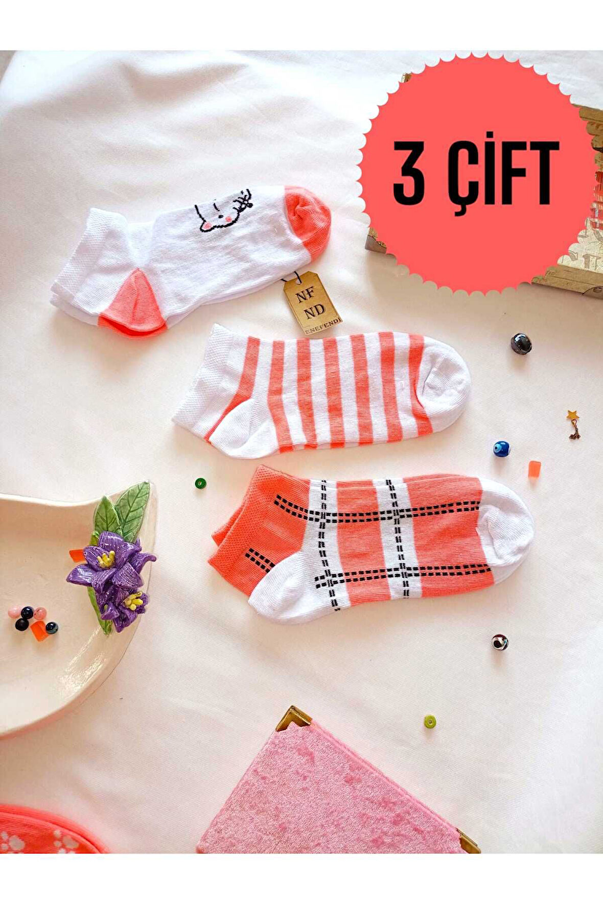 3 ÇİFT BURUN DİKİŞSİZ ÇORAP PATİK PAMUKLU KISA KONÇ DESENLİ KADIN ÇORABI 36-40 PEMBE BEYAZ