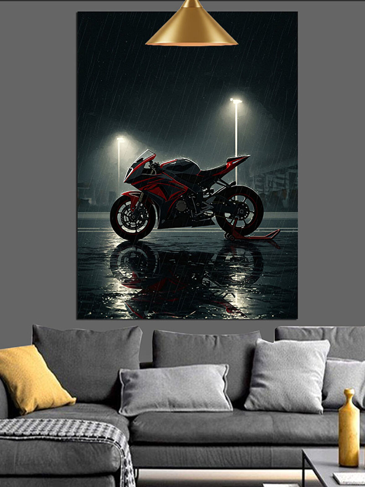 Yağmurlu Gece Motosiklet Dekoratif Kanvas - Mdf Ahşap Tablo