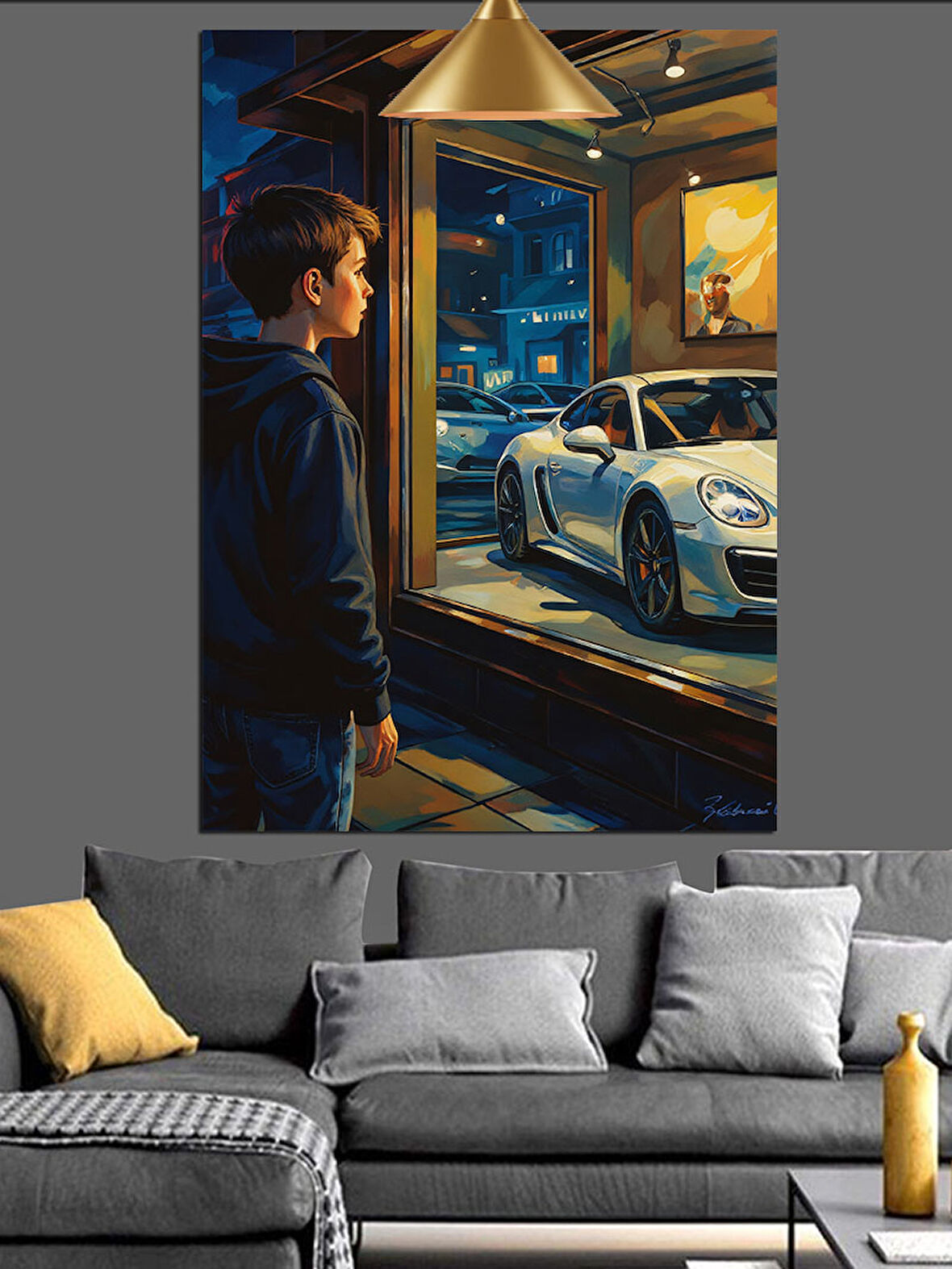 Araba Galerisinde Genç Çocuk Dekoratif Kanvas - Mdf Ahşap Tablo