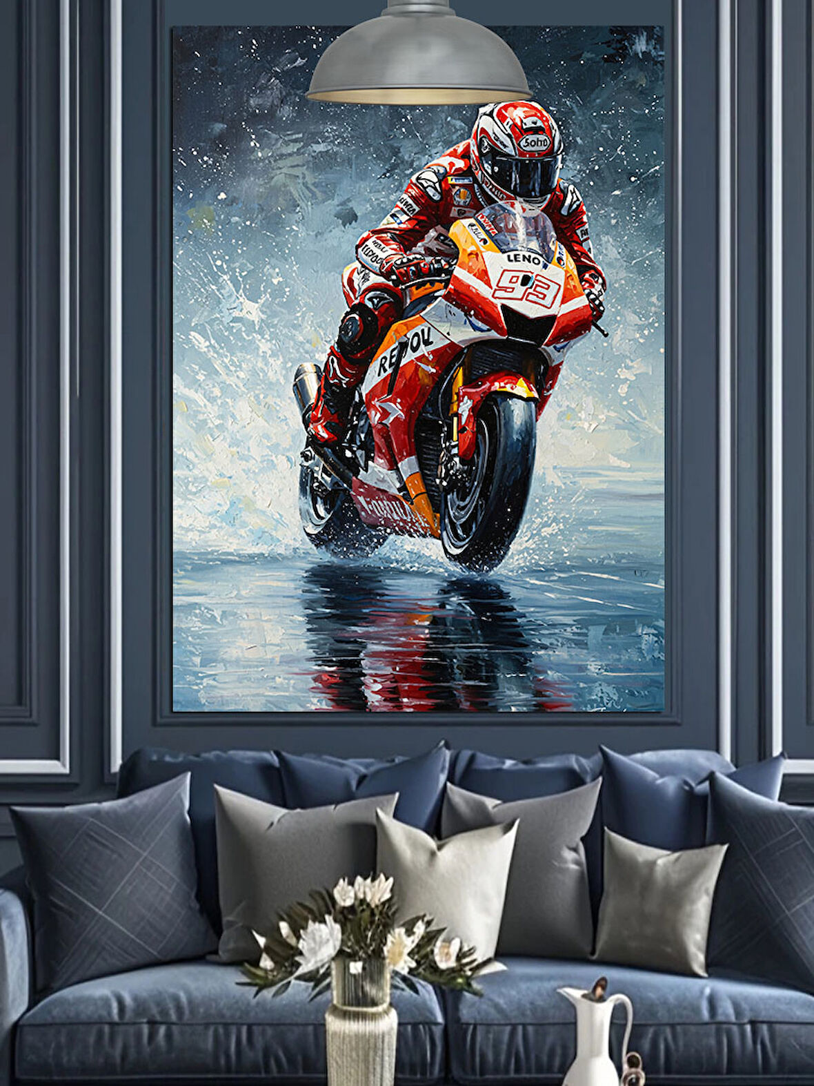 Yağmurda Motogp Temalı Dekoratif Kanvas - Mdf Ahşap Tablo