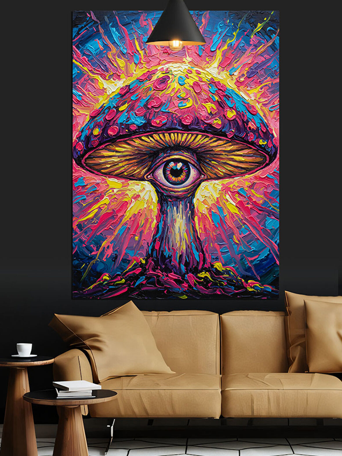 Mantar Şeklinde Parlak Renkli Psychedelic Göz Dekoratif Kanvas - Mdf Ahşap Tablo