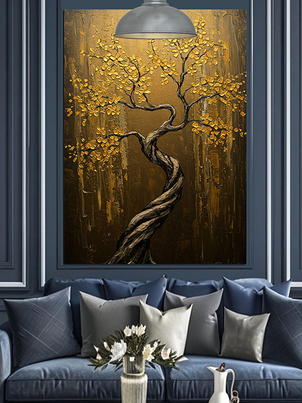 Altın Tonlarda Işıltılı Soyut Ağaç Dekoratif Kanvas - Mdf Ahşap Tablo