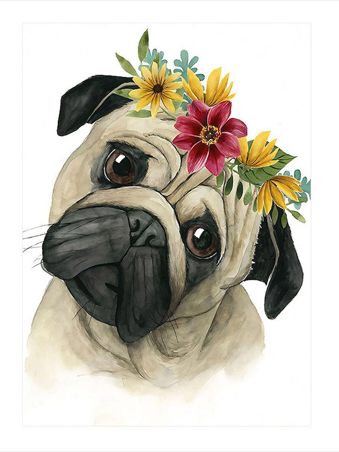 Sevimli Pug Köpek Ve Çiçekler Tasarım Mdf Tablo 18cm X 27cm