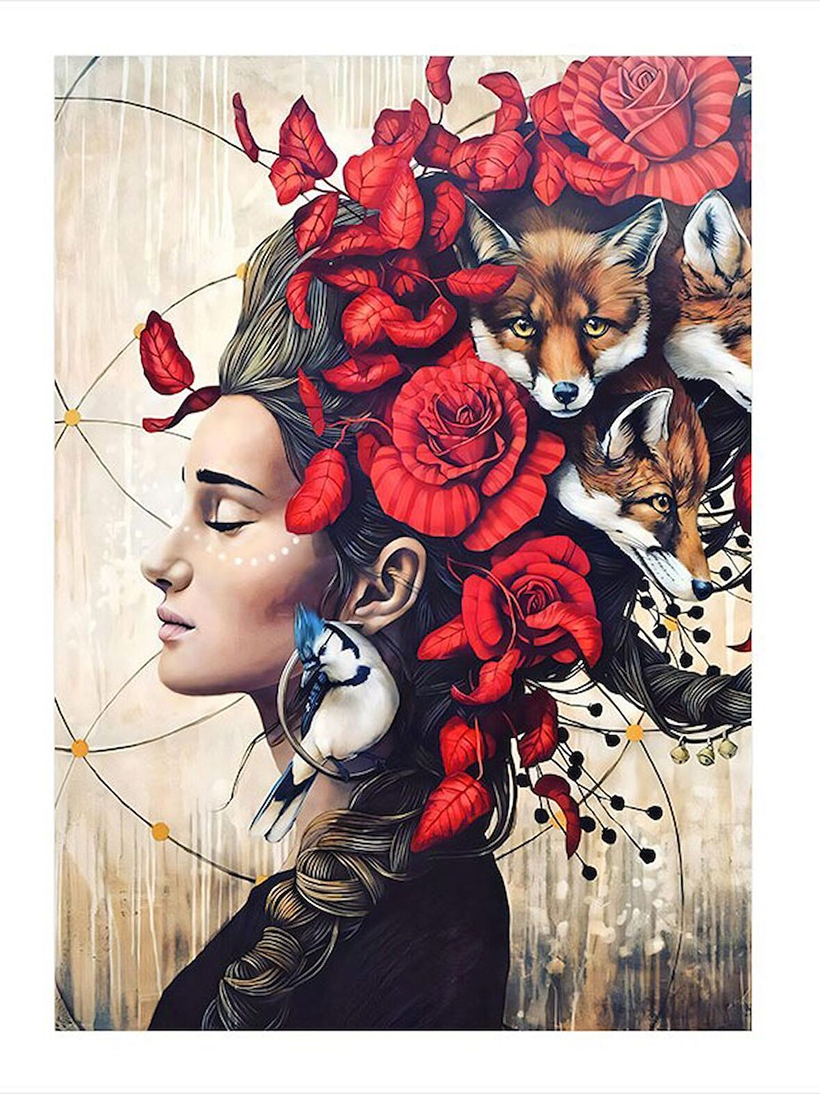 Tilkiler Ve Kadın Modern Ahşap Tablo 35cm X50cm