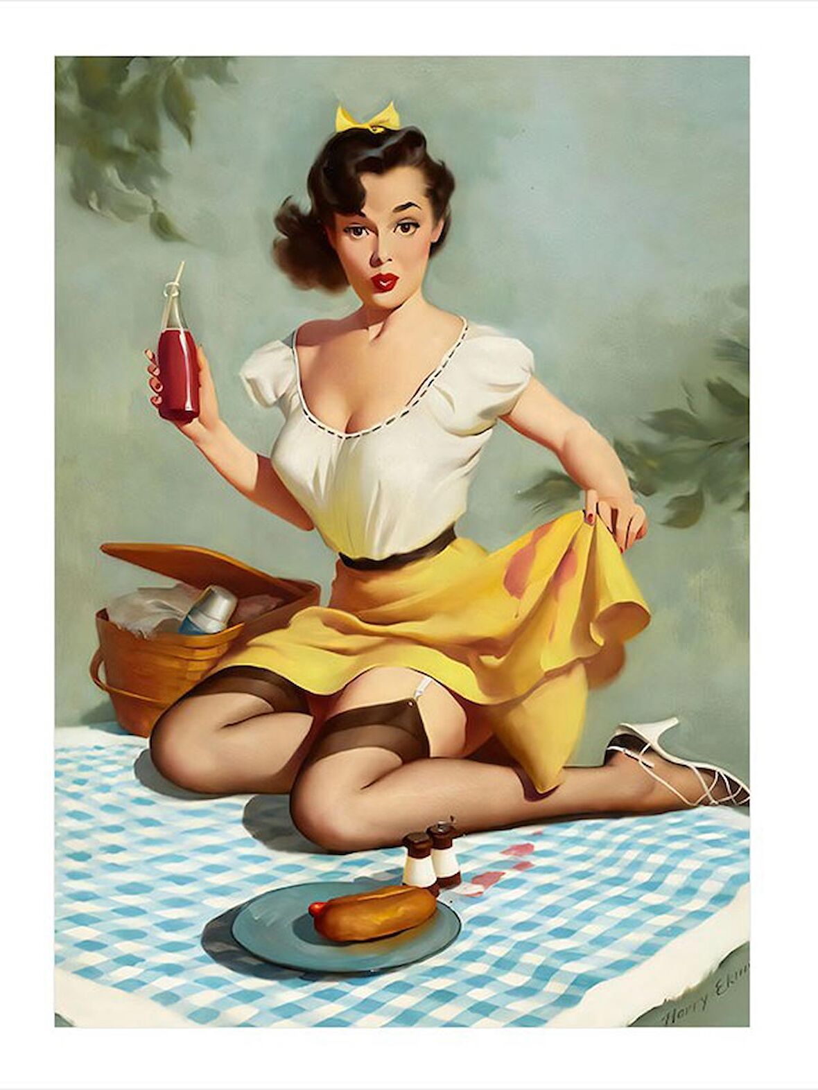 Piknik Yapan Pin Up Kadın Mdf poster 50cmX 70cm
