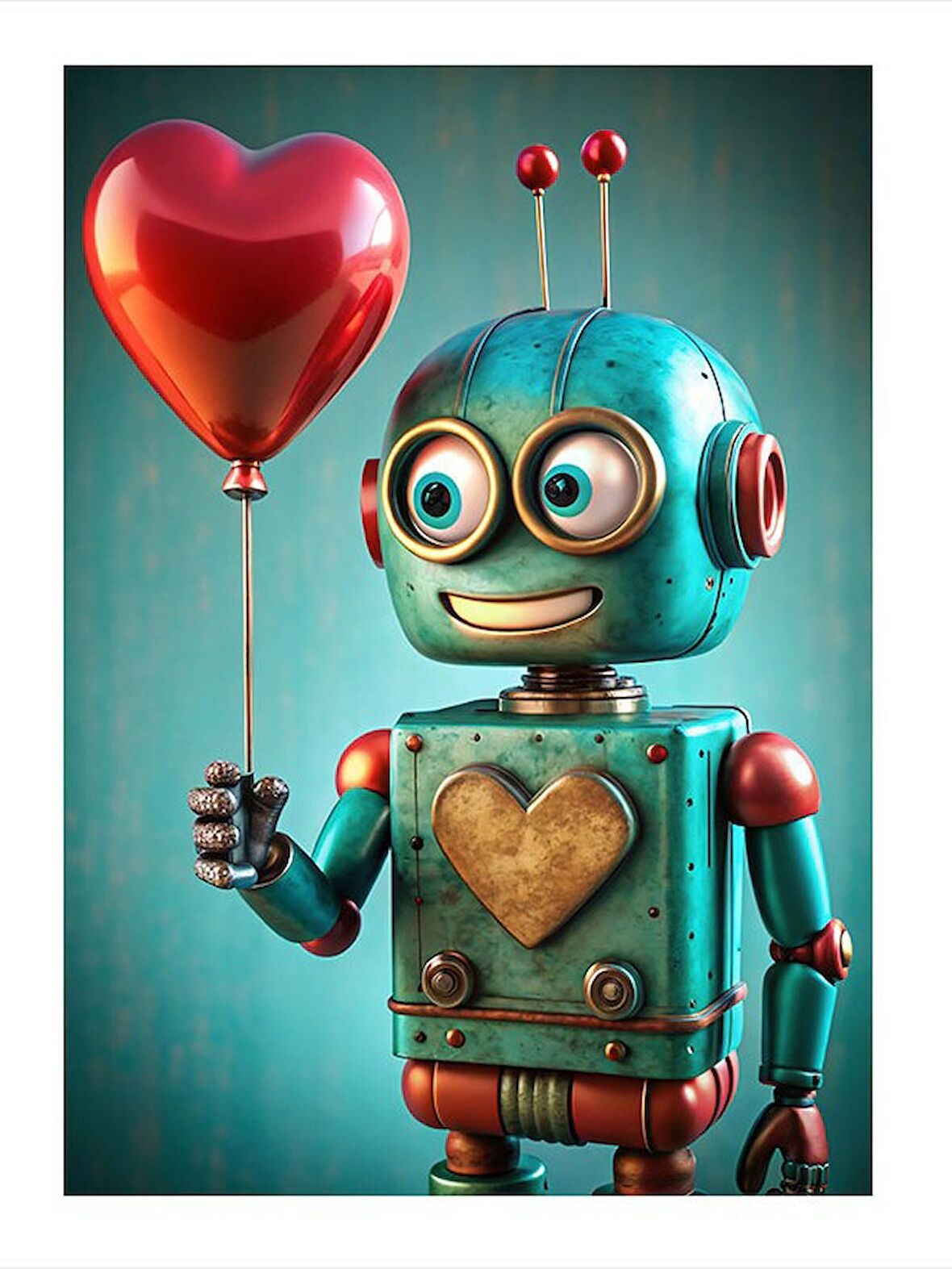 Kalpli Balon Tutan Sevimli Robot Dekoratif ahşap Tablo 50cmX 70cm
