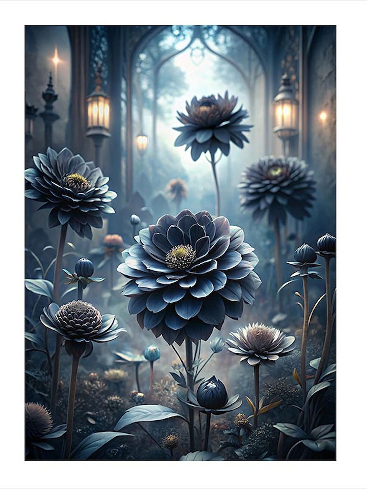 Ormandaki Tapınak Ve Siyah Çiçekler Art Mdf Poster 50cmX 70cm