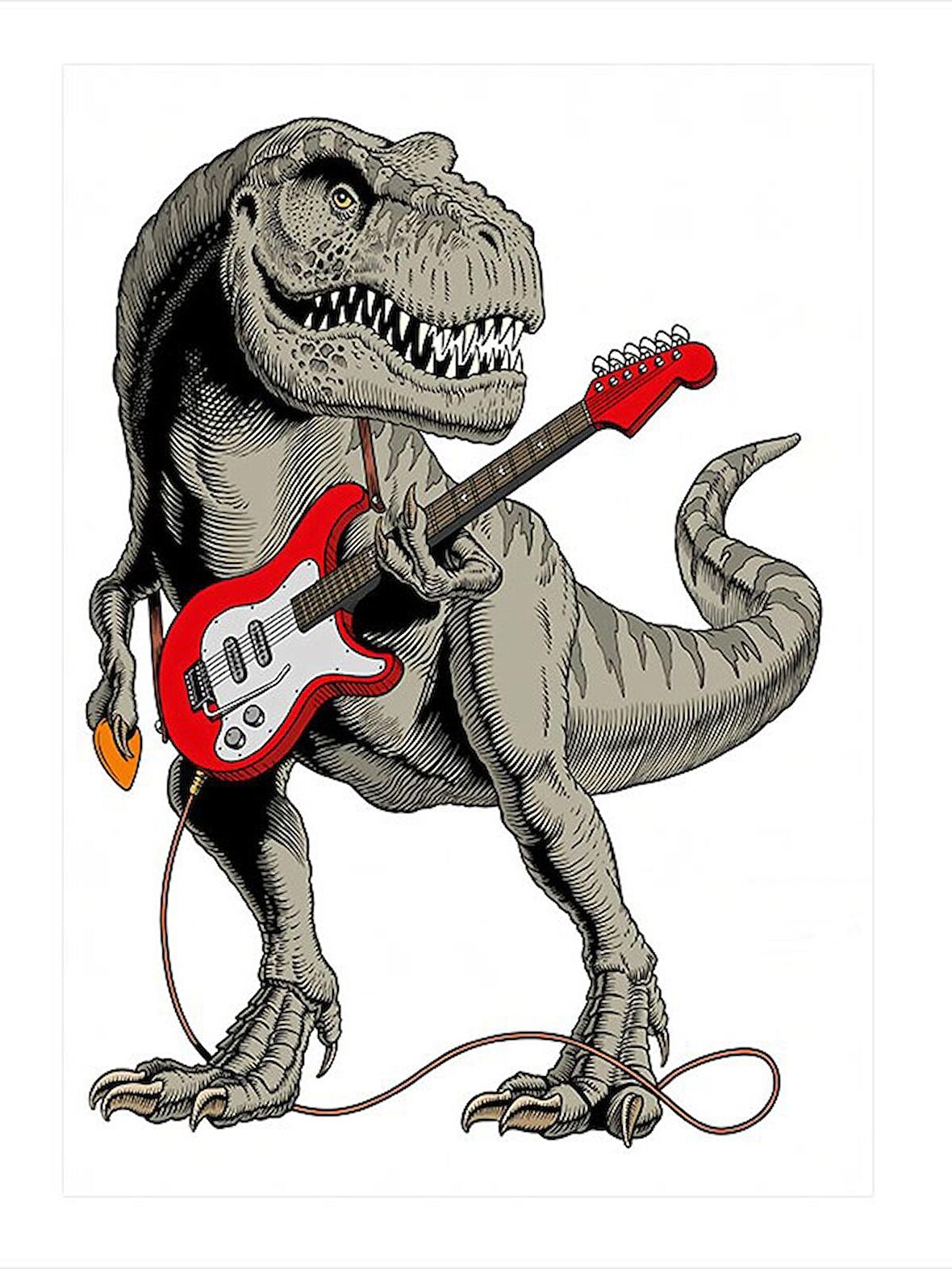 Elektro Gitar Çalan Dinazor Mdf poster 18cm X 27cm