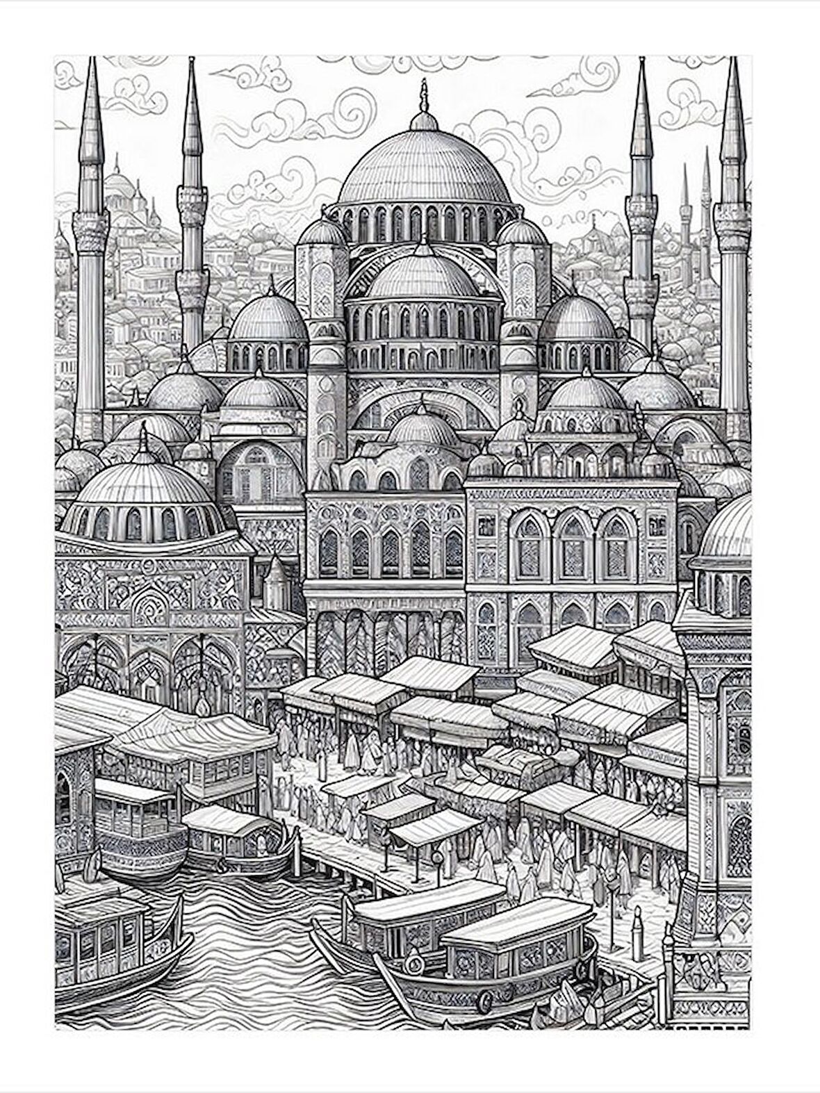 Siyah Beyaz Tarihi Cami Desenli Ahşap Tablo 18cm X 27cm