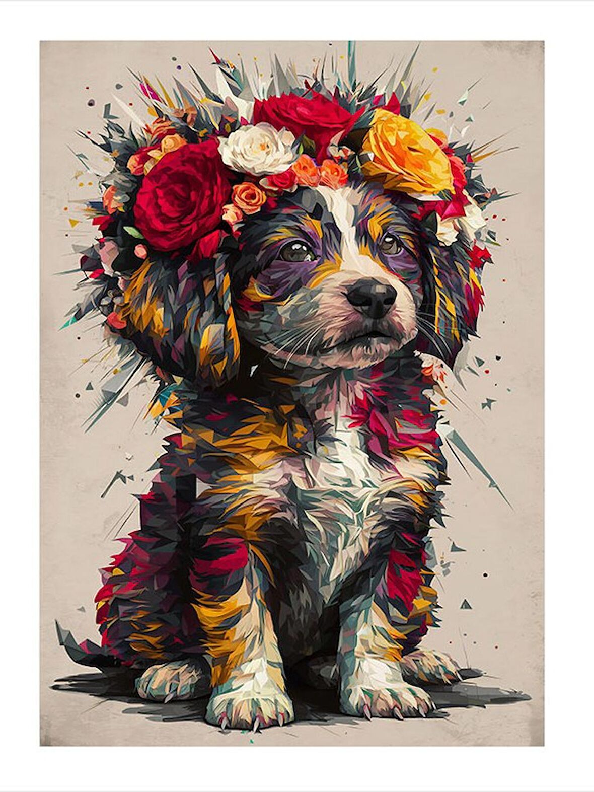 Renkli Çiçekler Ve Yavru Köpek Mdf poster 25cmX 35cm