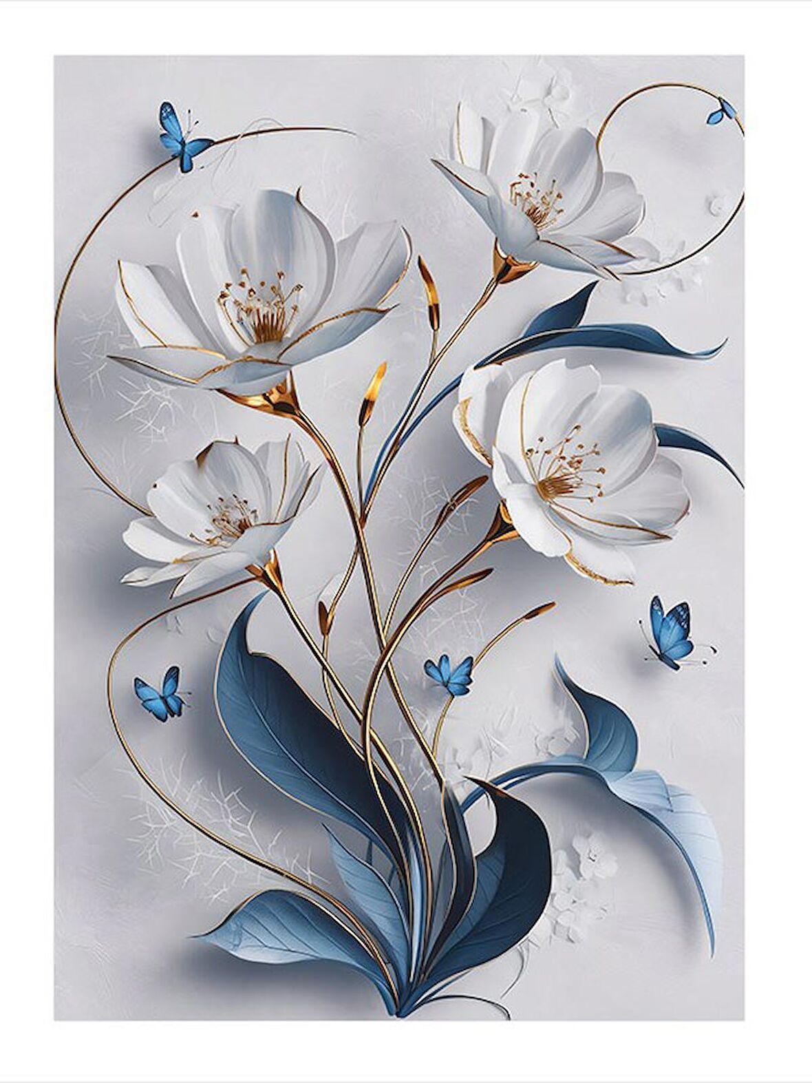 Beyaz Çiçekler Mavi Kelebekler Modern Ahşap Tablo 50cmX 70cm