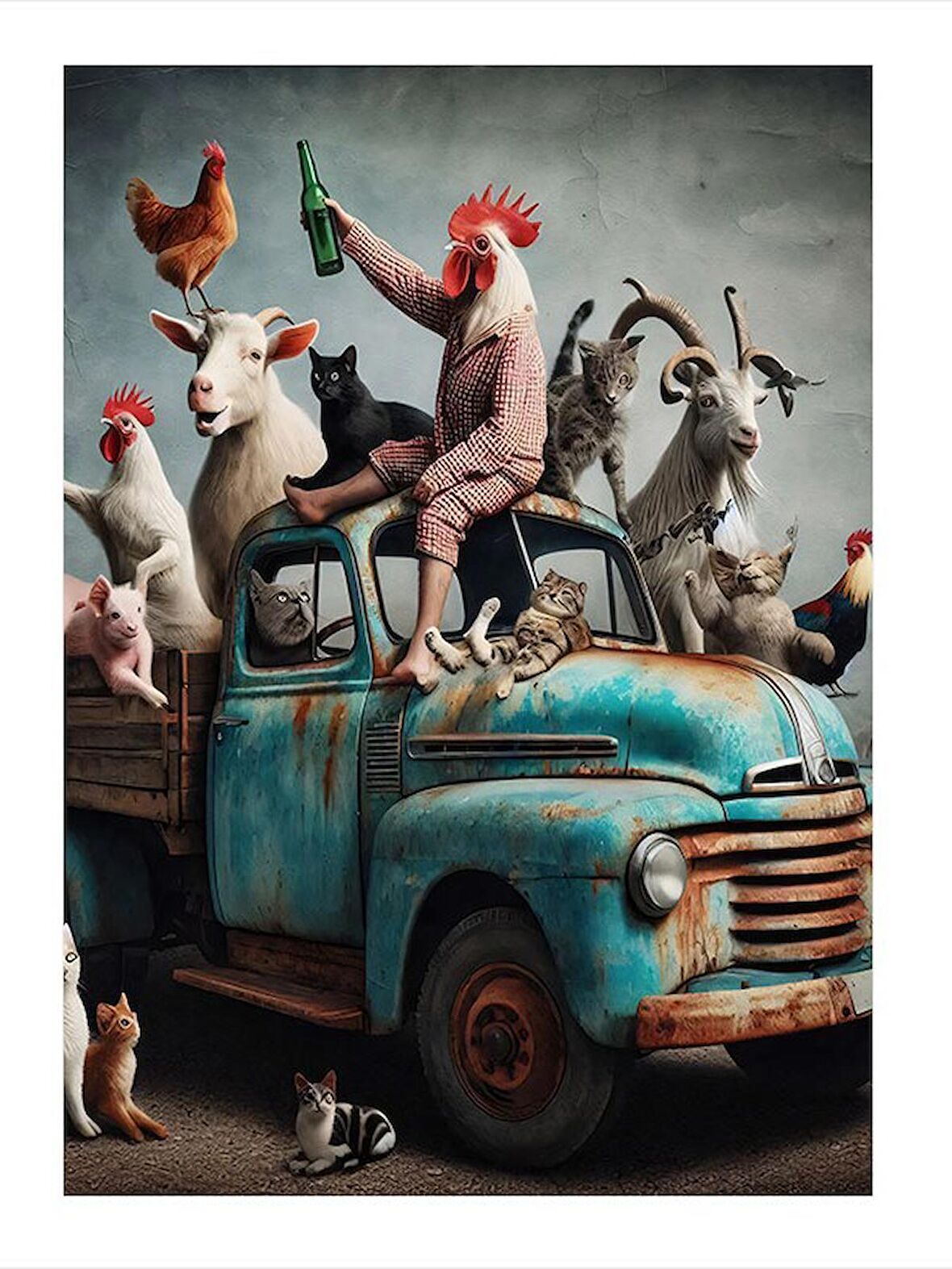 Sevimli Hayvanlar Ve Pikap Mdf poster 35cm X50cm