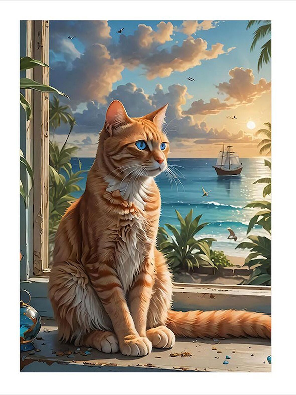 Sarı Kedi Ve Sahil Model Mdf tablo 18cm X 27cm