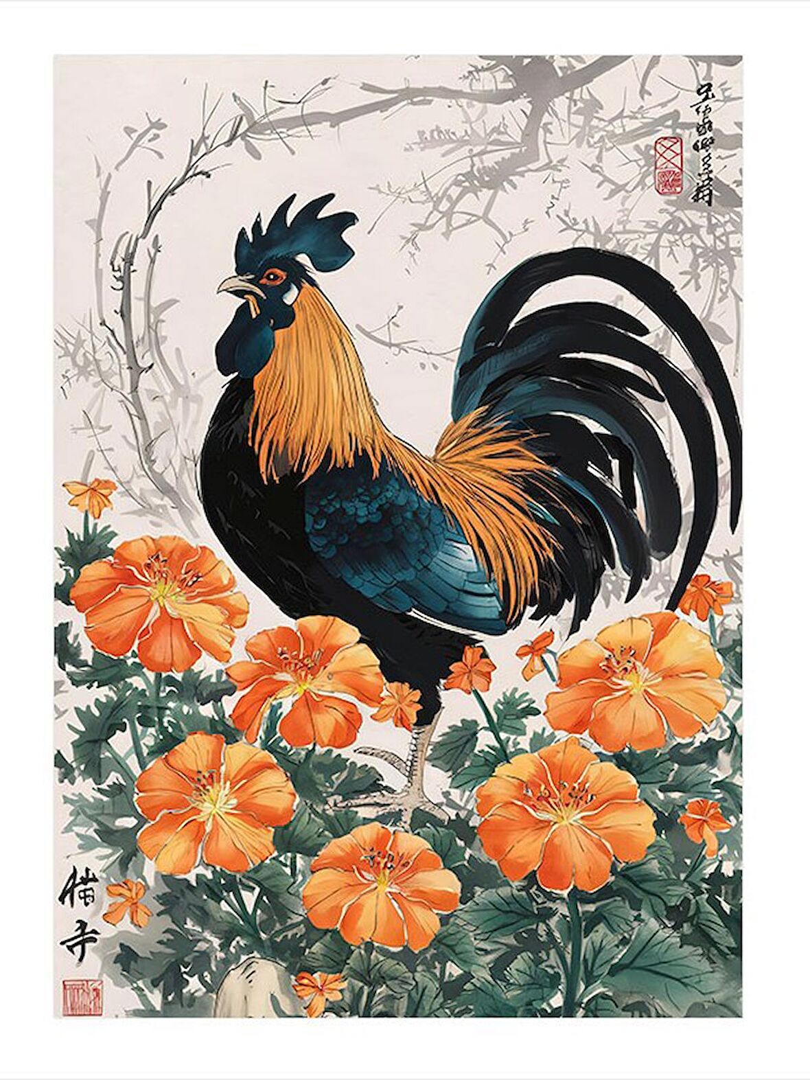 Turuncu Çiçekler Ve Horoz Mdf poster 50cmX 70cm