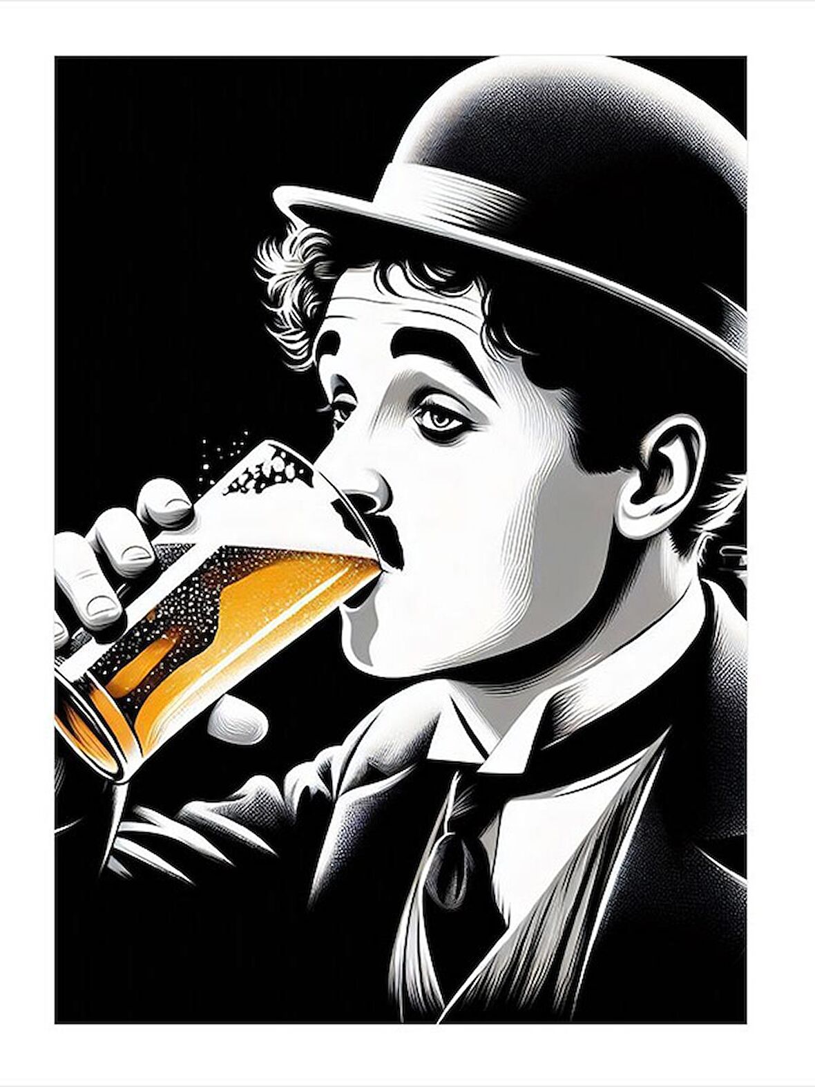 Bira İçen Charlie Chaplin Dekoratif ahşap Tablo 50cmX 70cm