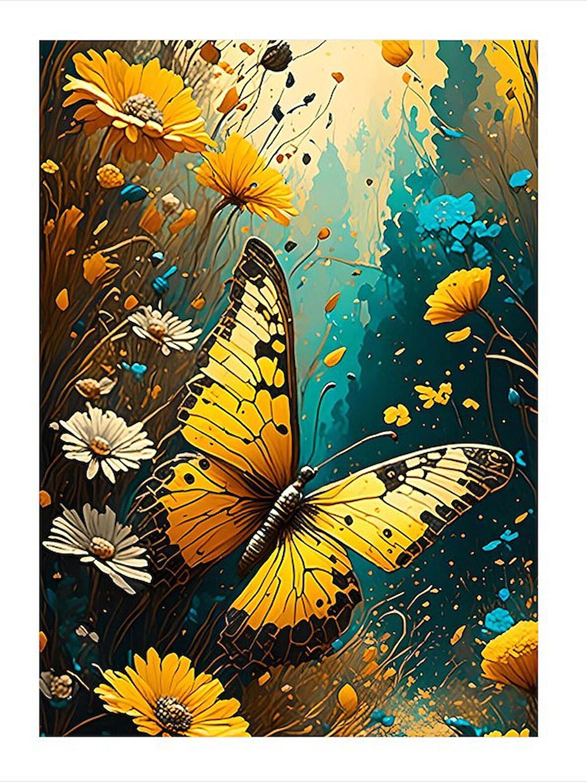 Renkli Çiçekler Ve Sarı Kelebek Model Mdf tablo 18cm X 27cm