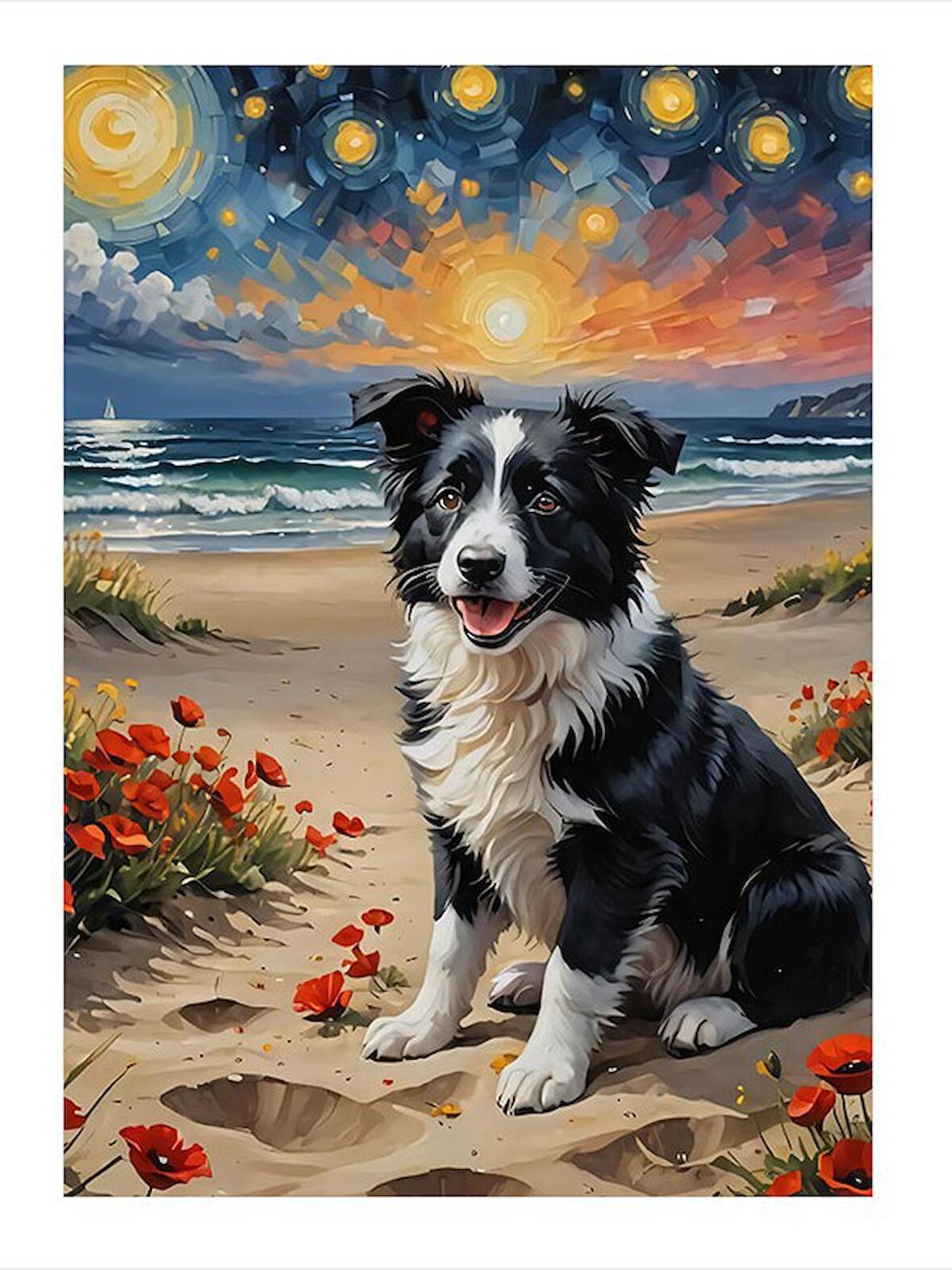 Sevimli Köpek Ve Sahil Hediyelik Ahşap Tablo 18cm X 27cm