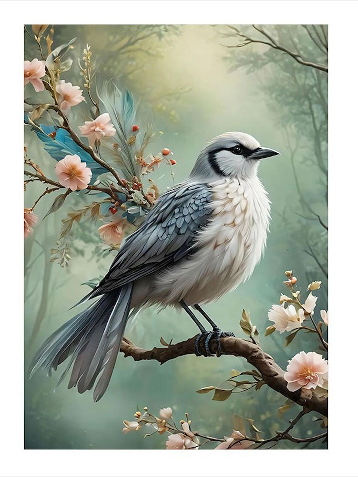 Çiçek Açmış Ağaç Ve Kuş Art Mdf Poster 25cmX 35cm