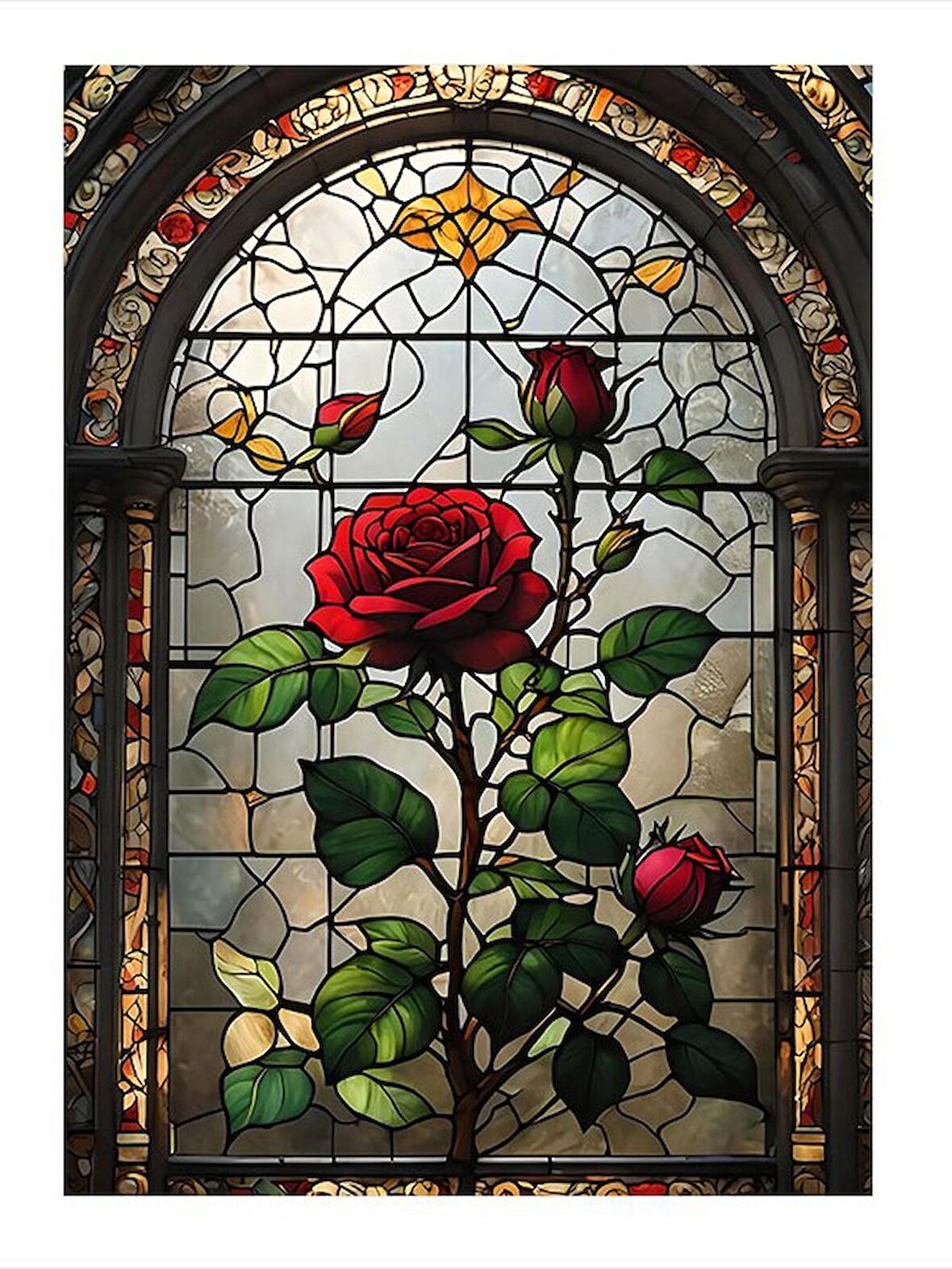 Vitray Şeklinde Kırmızı Güller Dekoratif ahşap Tablo 18cm X 27cm