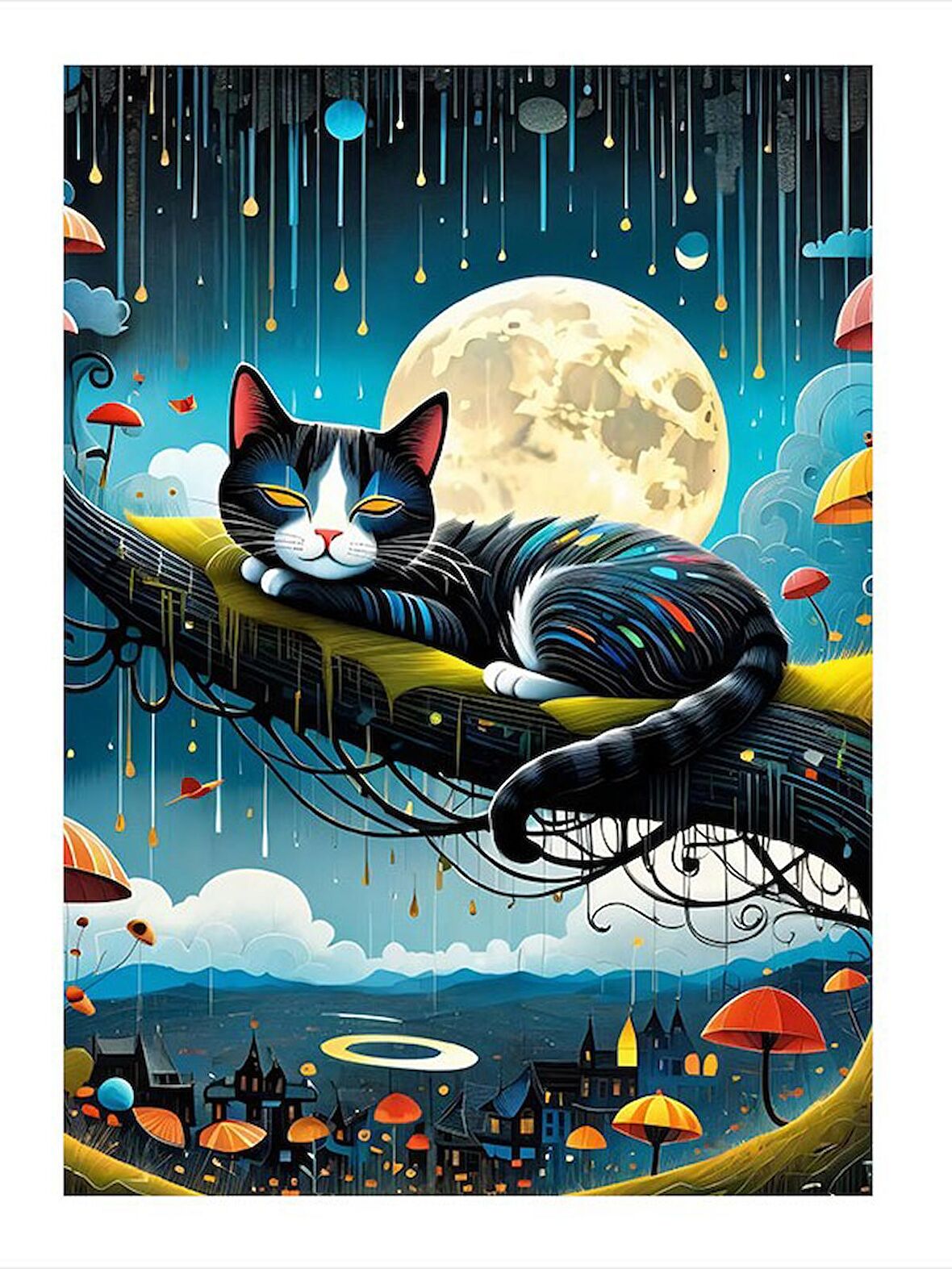 Dolunay Ve Sevimli Kedi Mdf poster 18cm X 27cm