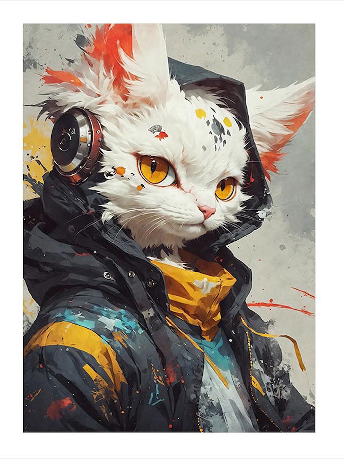 Müzik Dinleyen Beyaz Kedi Desenli Ahşap Tablo 18cm X 27cm