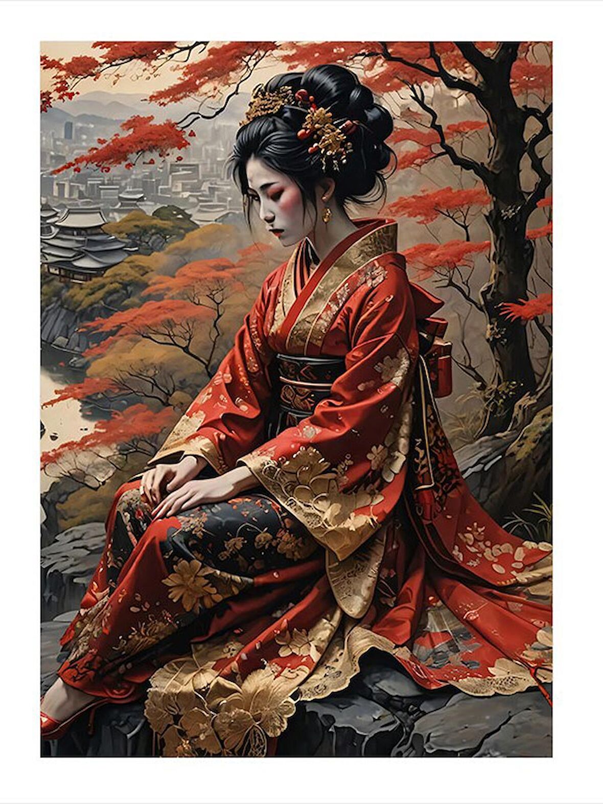 Japon Kadın Hediyelik Ahşap Tablo 18cm X 27cm